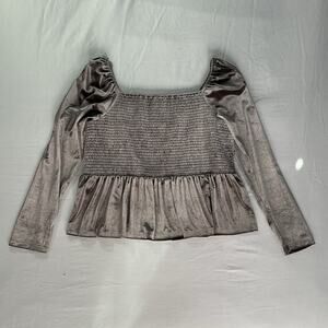 Gap Smocked Peplum Velvet Top Womens Plus Size XXL Gray Puff Sleeve Off Shoulder